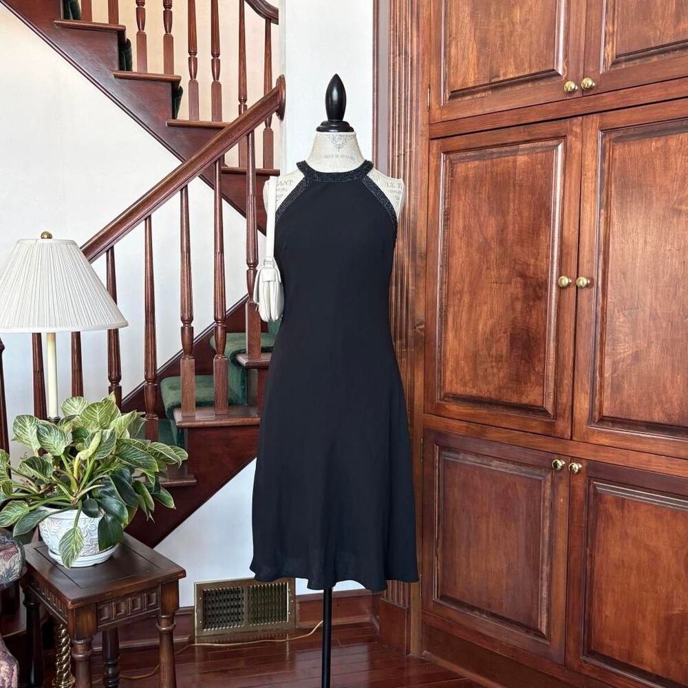 Jones New York Vintage Black Halter Dress Beaded Trim Open Back Silk Lining 90s